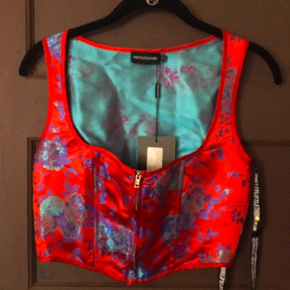 Red crop top, with zipper front.